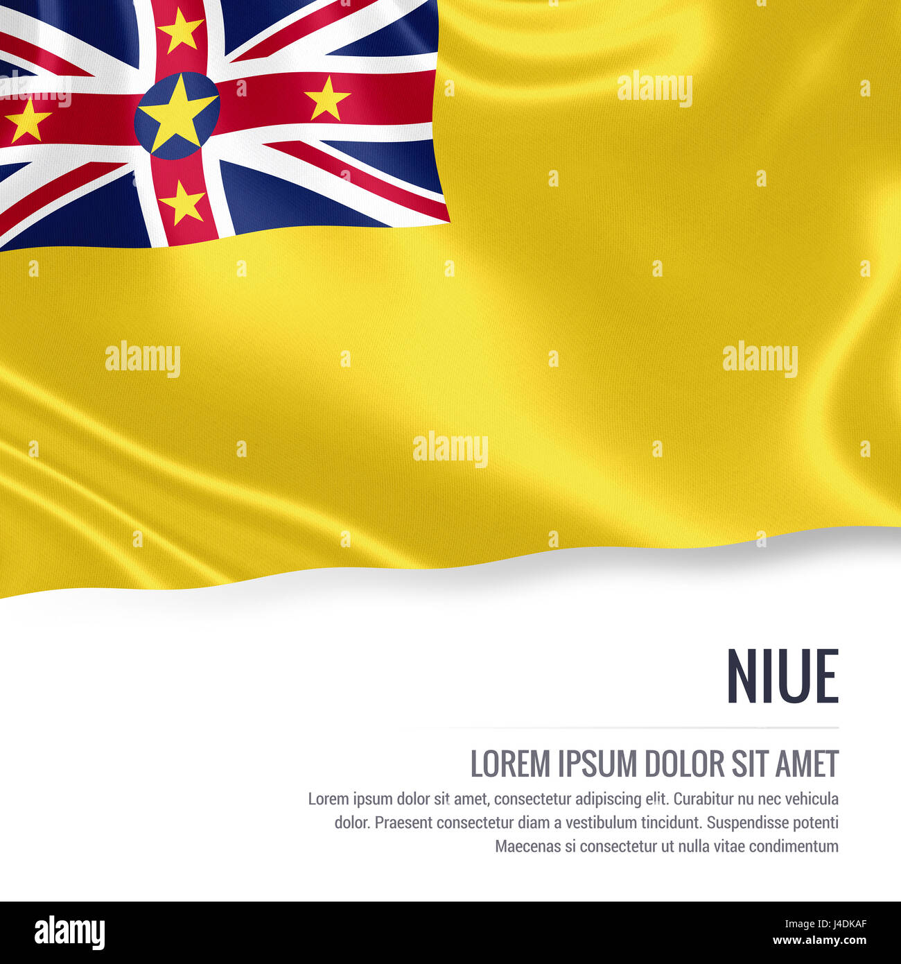 Seidige Flagge von Niue winken auf einem isolierten weißen Hintergrund mit dem weißen Textbereich für Ihre Anzeige Nachricht. 3D-Rendering. Stockfoto