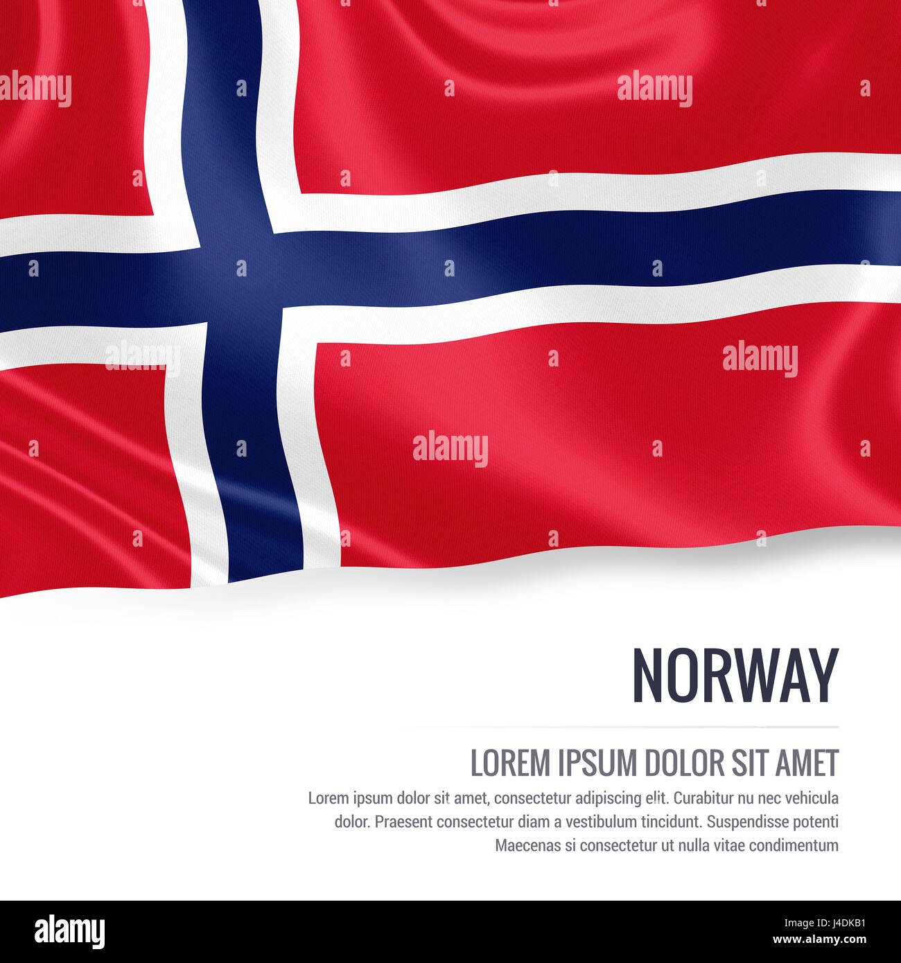 Seidige Flagge von Norwegen auf einem isolierten weißen Hintergrund mit dem weißen Textbereich für Ihre Anzeige Nachricht winken. 3D-Rendering. Stockfoto