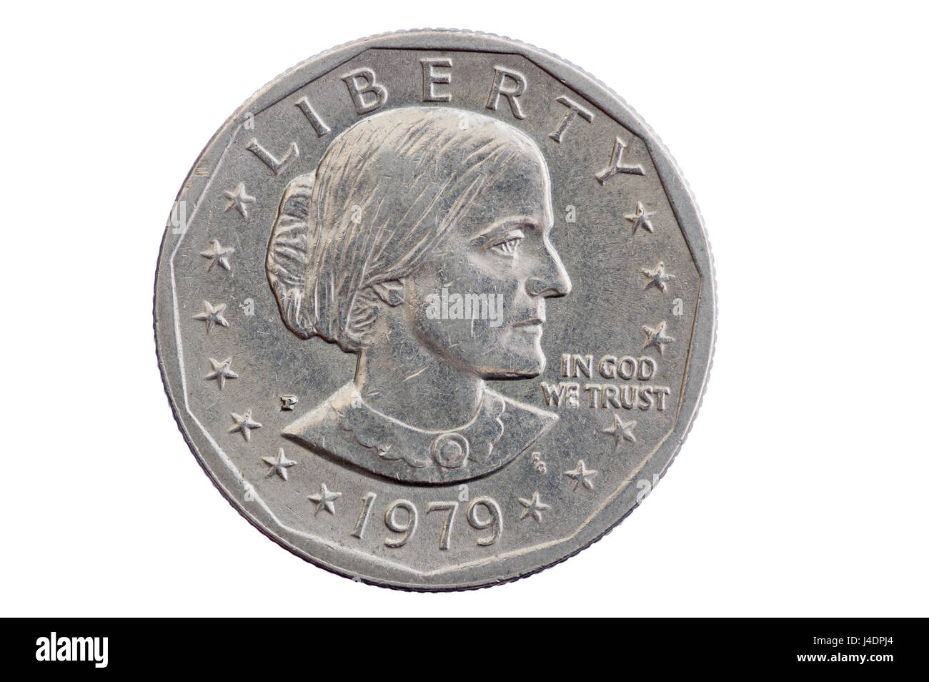 Susan B Anthony-Dollar-Münze Kopf isoliert auf weiss Stockfoto