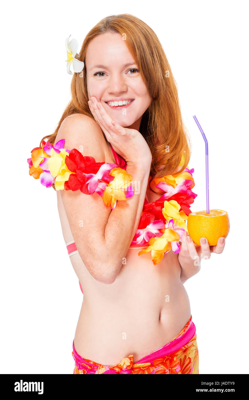 Junge rothaarige Mädchen im Bikini auf weißem Hintergrund Stockfoto