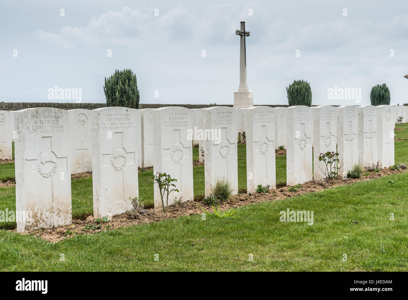 Die britischen Soldatenfriedhof von Vaulx Hill an der Somme Schlachtfeld in Frankreich mit einer Reihe von Neuseeland Soldaten im Krieg getötet Stockfoto