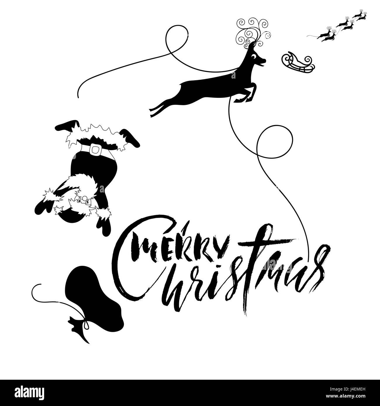 Santa Claus fallen vom Schlitten mit Kabelbaum auf das Rentier. Schwarz / Weiß-Vektor-Illustration. Weihnachten-Schriftzug. Stock Vektor