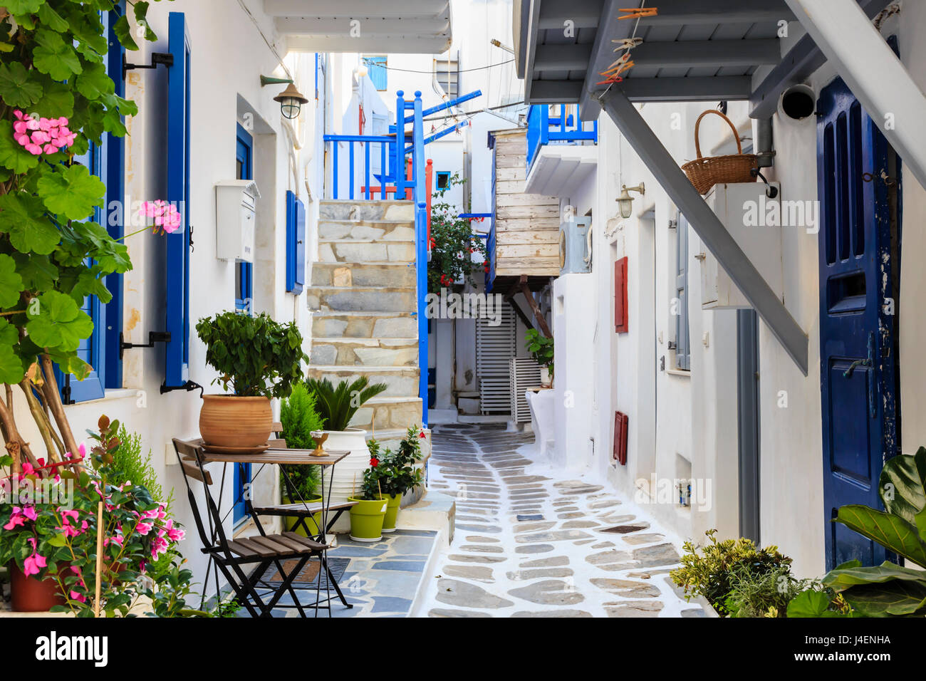 Schmale Straße, weiß getünchten Gebäuden mit blauer Farbe, Blumen, griechische Inseln, Cyclades, Mykonos, Mykonos-Stadt (Chora) Stockfoto