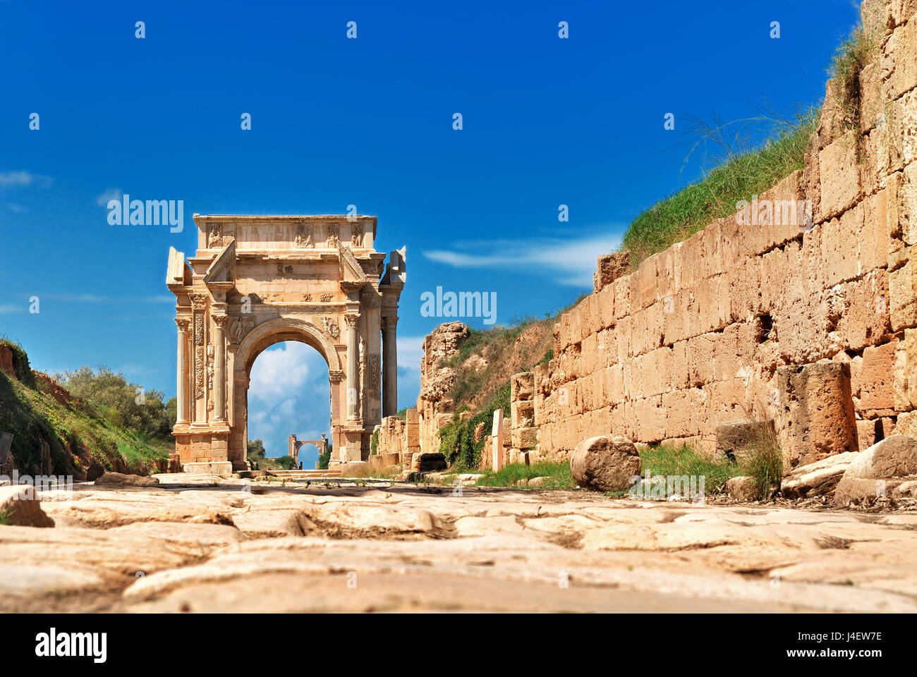 Libyen Tripolis Leptis Magna römische Ausgrabungsstätte Bogen des Septimus Severus zum UNESCO-Weltkulturerbe Stockfoto