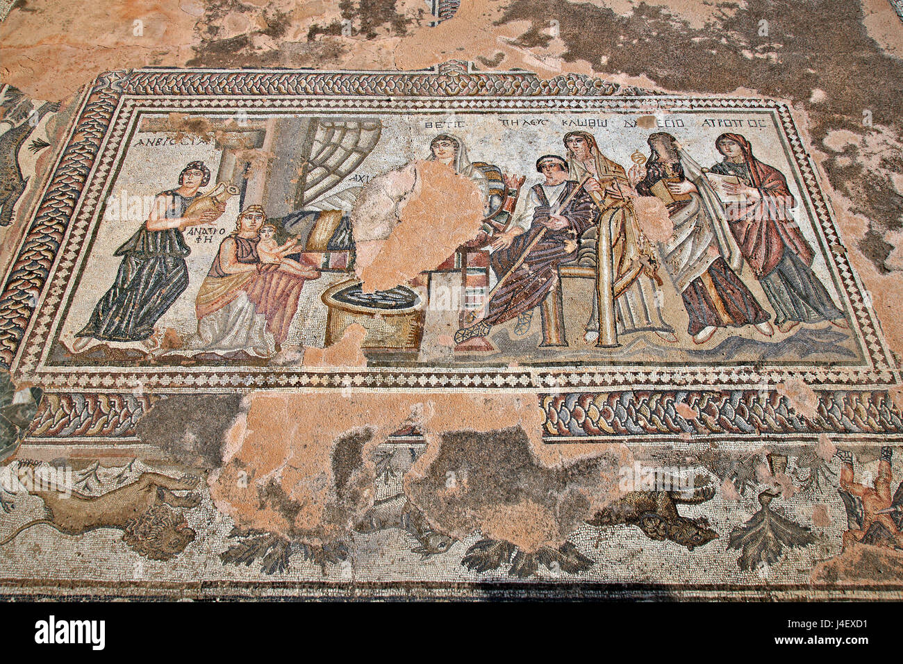 'Das erste Bad des Achilles' Mosaik-Etage im "Haus des Theseus', in der archäologische Park von Kato Paphos (UNESCO Weltkulturerbe), Zypern. Stockfoto