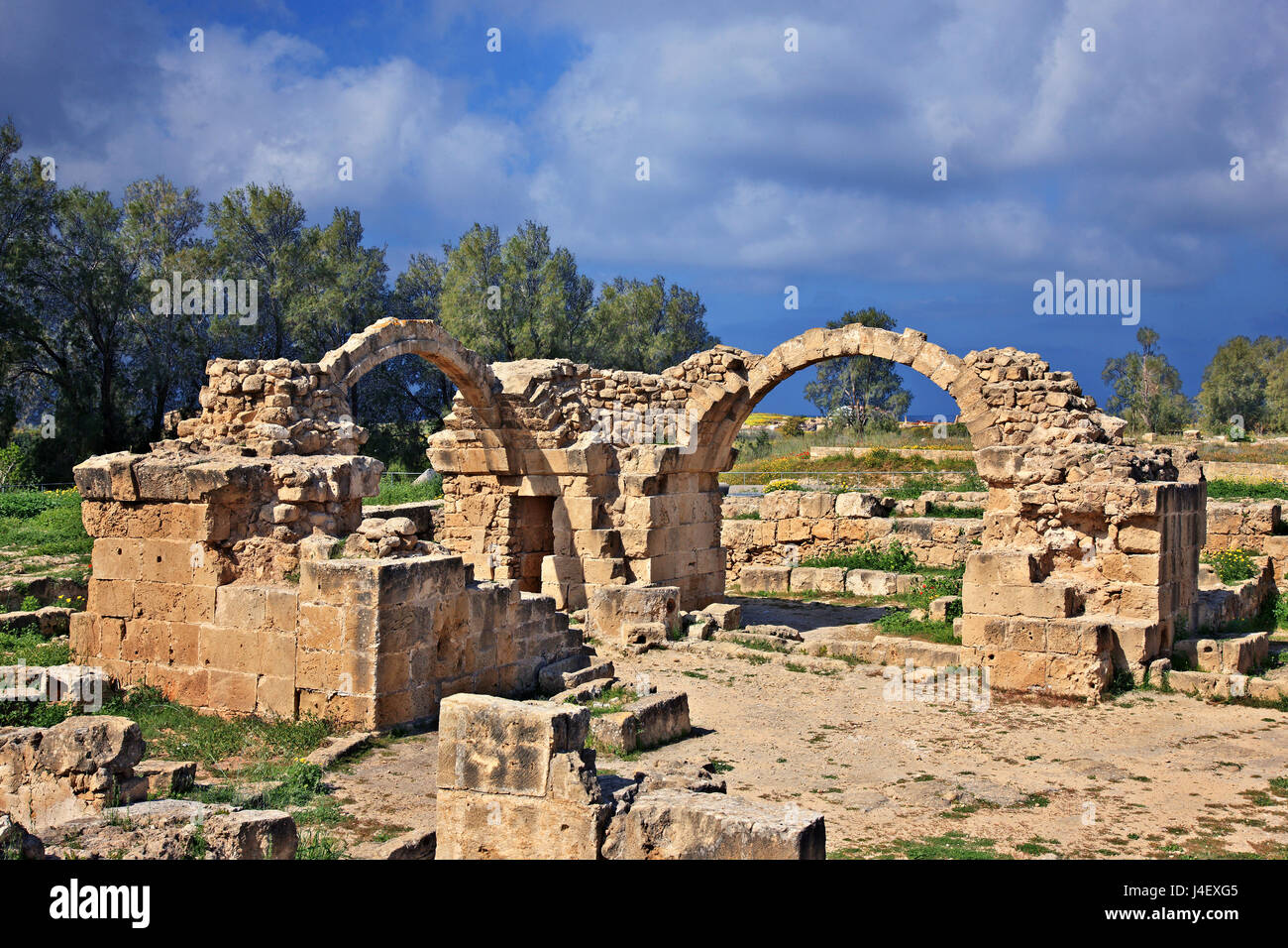 Die mittelalterliche Burg "Saranta Kolones" ("vierzig Säulen"), an der archäologischen Stätte von Kato Paphos (UNESCO Weltkulturerbe), Zypern ("Park"). Stockfoto