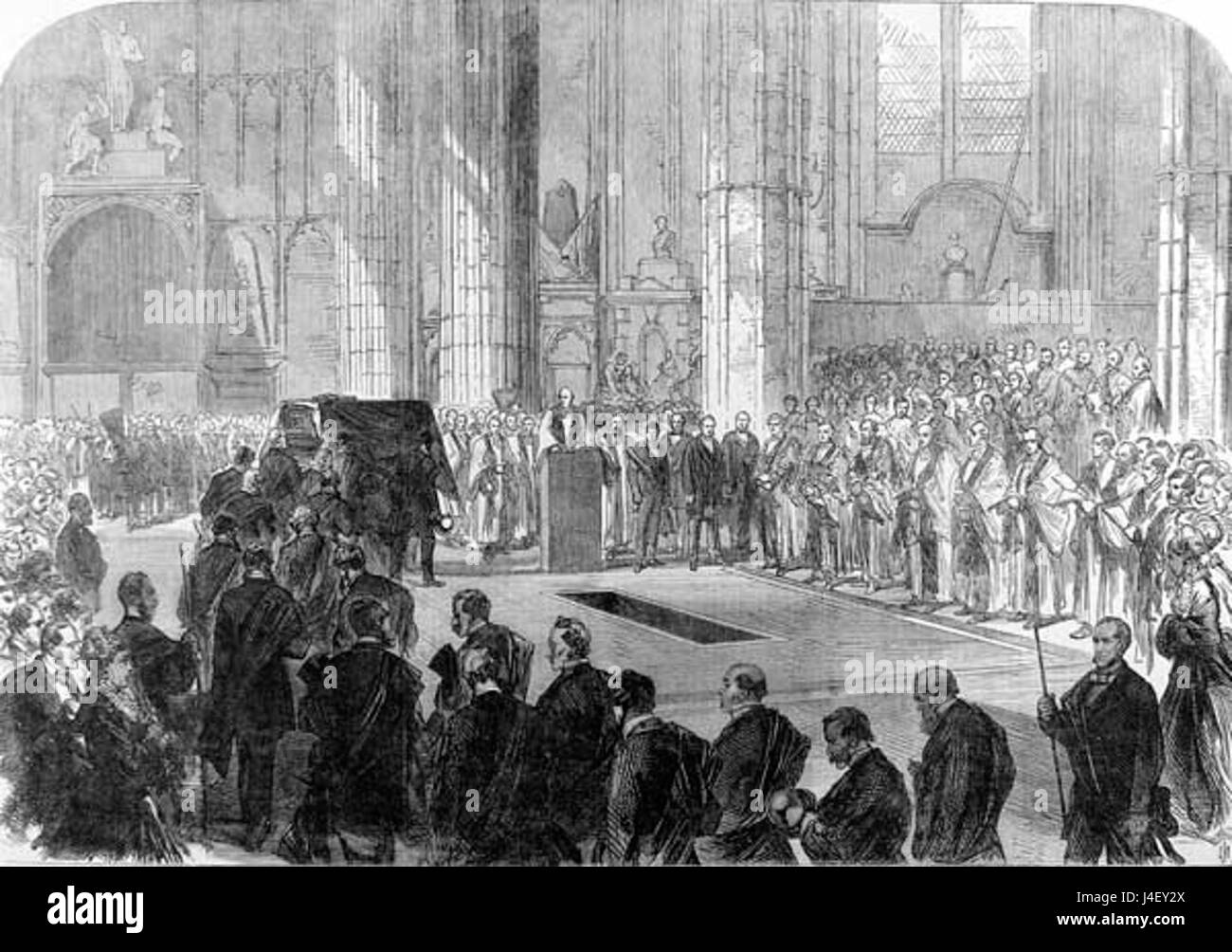 Die Beerdigung von George Peabody im Jahr 1869 in der Westminster Abbey ist ein bedeutendes Ereignis in der britischen Geschichte und würdigt seine Beiträge zur Philanthropie. Das Bild stammt aus der Illustrated London News (ILN), die sein Vermächtnis in der Gesellschaft reflektiert. Stockfoto