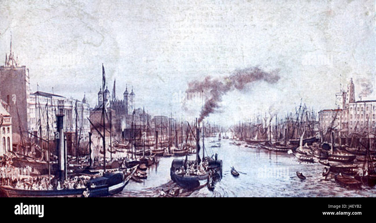 Dieses Bild oder Ereignis aus dem Jahr 1841 zeigt den Pool of London, ein historisches Viertel entlang der Themse in London, bekannt für seinen belebten Hafen und als Handelszentrum im 19. Jahrhundert. Stockfoto