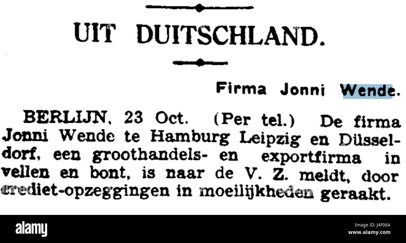 Jonni Wende Nieuwe Amsterdamsche Courant Algemeen Handelsblad 24. Oktober 1930 Stockfoto