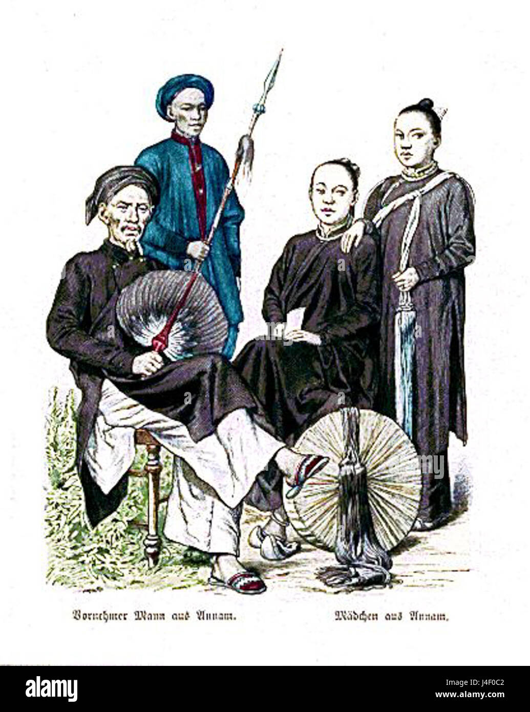 Illustration eines Adligen und eines Mädchens aus Annam (heute Vietnam) mit traditioneller Kleidung und kulturellen Elementen aus der Region. Stockfoto