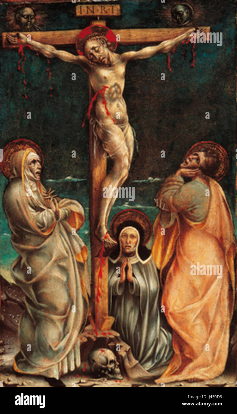 Michele Pannonios „Crocifissione“ (Kreuzigung) ist ein berühmtes Werk religiöser Kunst, das die Kreuzigung Christi darstellt. Das in Ferrara, Italien, entstandene Gemälde wird für seine dramatische Verwendung von Licht und Schatten gefeiert, ein Schlüsselelement der Renaissance-Kunst. Stockfoto