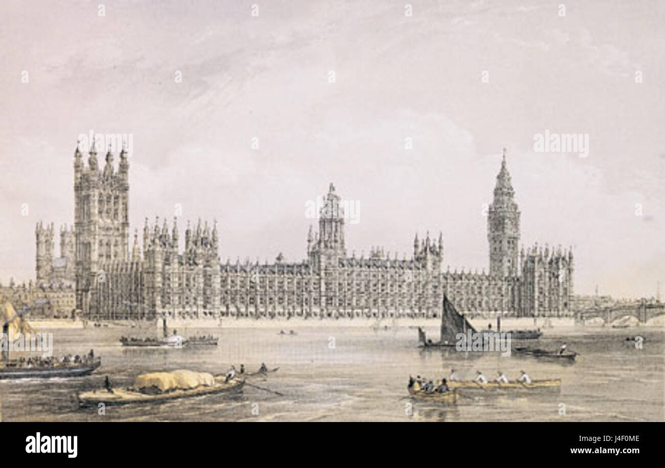 Die Houses of Parliament in London, ein ikonisches Symbol der britischen Regierung, waren 1852 ein wichtiger Ort für politische Entscheidungen. Das Gebäude mit seiner großen Architektur spiegelt den Stil der Neugotik und die historische Bedeutung des britischen Parlamentssystems in der Mitte des 19. Jahrhunderts wider. Stockfoto