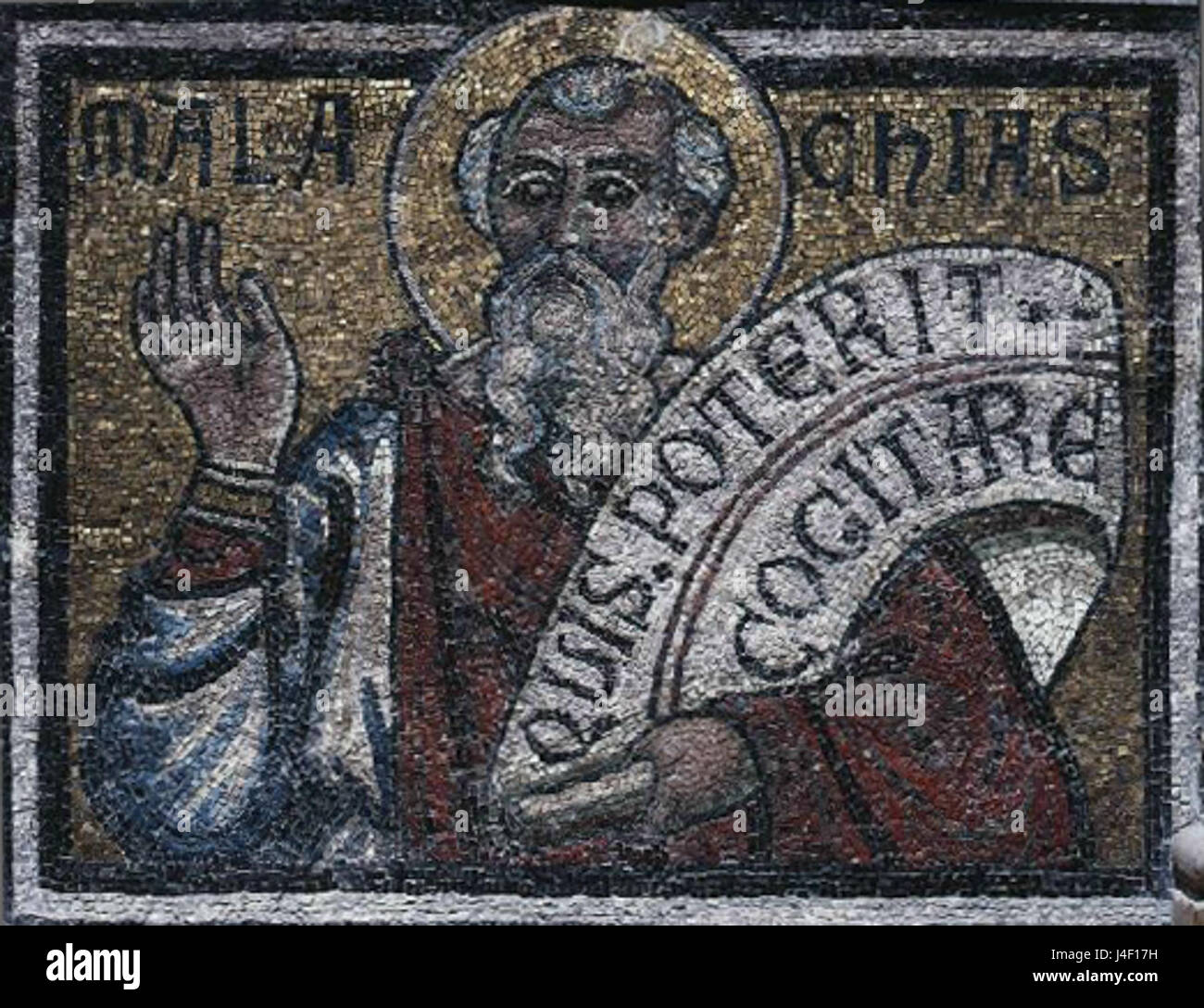 „Gaddo gaddi malachia“ ist ein Kunstwerk, das spirituelle Themen erforscht und sich auf religiöse Figuren und ihre symbolische Darstellung im Kontext christlicher Ikonographie konzentriert. Stockfoto