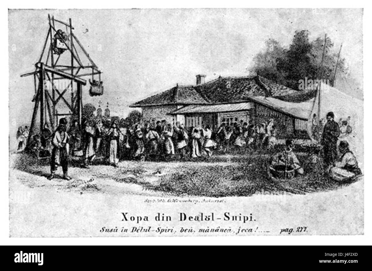 „Hora din Dealul Spirei“ ist ein rumänisches Gemälde aus dem Jahr 1857, das einen traditionellen Volkstanz, bekannt als „Hora“, darstellt, der in der Region des Spirea-Hügels aufgeführt wird. Das Kunstwerk fängt das kulturelle Wesen des rumänischen ländlichen Lebens und seine Tanztraditionen ein. Stockfoto
