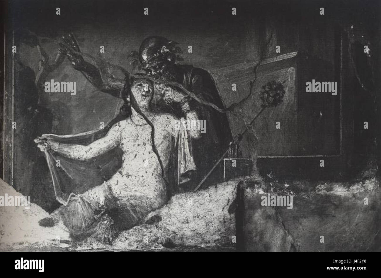 „Ermafrodito e Sileno“ ist ein berühmtes Fresko aus der Casa dei Vettii in Pompeji, das die mythologischen Figuren Hermaphroditus und Silenus darstellt. Dieses Stück stellt die mythologische römische Kunst dar, die in der antiken Stadt Pompeji aufbewahrt wurde. Stockfoto