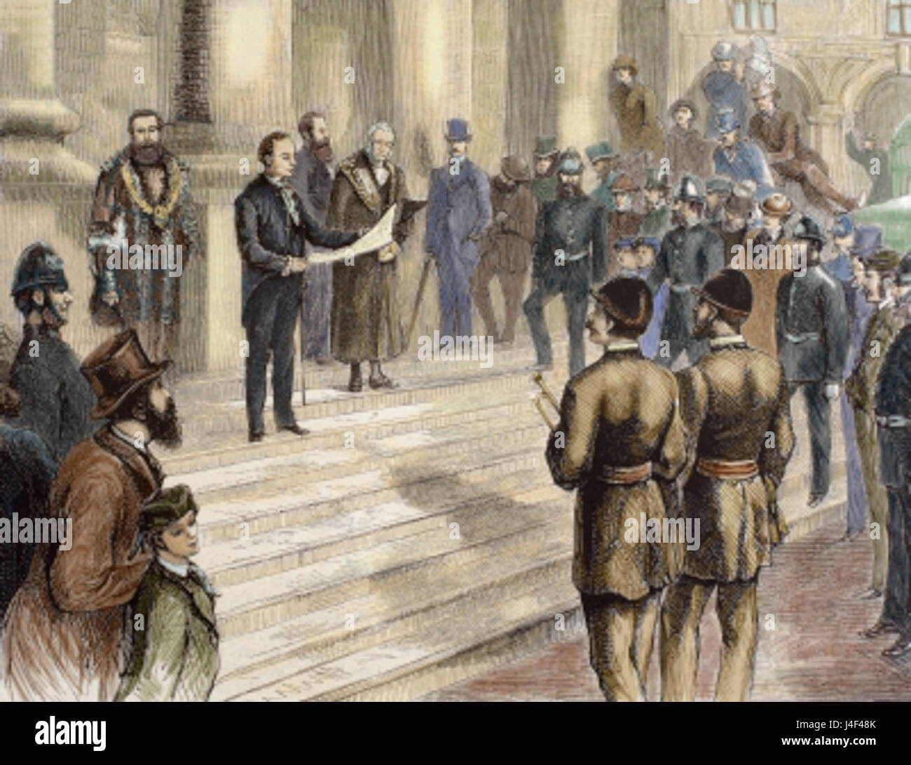 Königin Victoria wurde 1876 offiziell zur Kaiserin von Indien auf den Spuren der Londoner Börse ernannt. Dieses Ereignis markierte die formelle Gründung des britischen Raj, wobei der britische Monarch den Titel als Symbol der britischen imperialen Macht über Indien annahm. Stockfoto