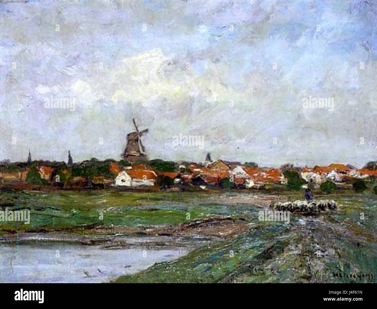 Liesegangs Darstellung der niederländischen Dorflandschaft bietet einen Einblick in das ländliche Leben und künstlerische Interpretation während dieser Zeit und zeigt traditionelle niederländische Dorfszenen. Stockfoto