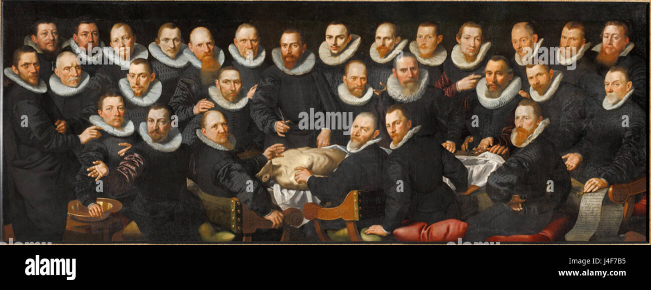 Diese anatomische Lektion von Dr. Sebastiaan Egbertsz ist ein historisches medizinisches Werk, das sich auf das Studium der menschlichen Anatomie konzentriert. Die Lektion bietet detaillierte Einblicke in die menschliche Physiologie und die Wissenschaft der Zeit. Stockfoto