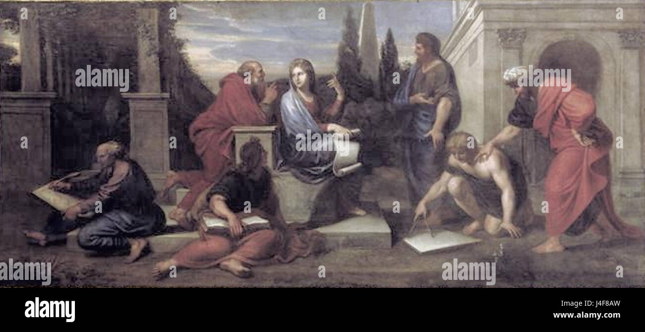 Dieses Kunstwerk mit dem Titel „Salon des nobles Aspasie au Milieu des Philosophes de la GrÃ¨ce“ zeigt Aspasia, eine prominente Figur im antiken Griechenland, umgeben von Philosophen. Das Stück beleuchtet das philosophische und intellektuelle Leben in Griechenland. Stockfoto