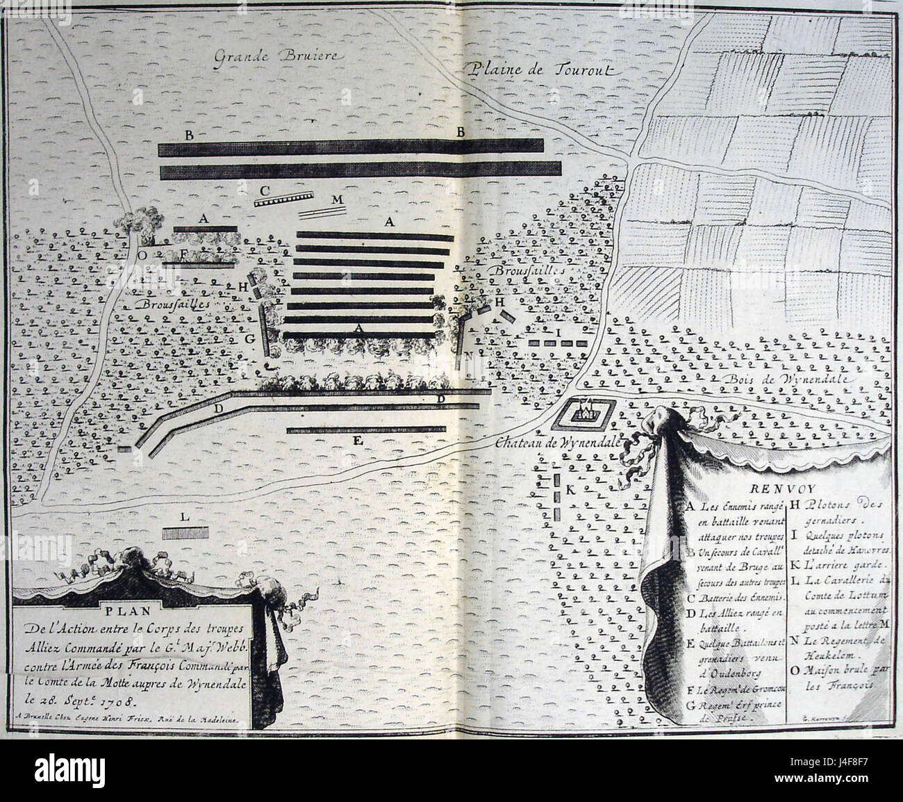 Strijdplan Wijnendale ist eine historische Militärkarte, die die Schlacht von Wijnendale darstellt, die 1600 während des Achtzigjährigen Krieges ausgetragen wurde. Die Karte bietet Details zu Truppenpositionen und Schlachtfeldformationen und gibt Einblicke in die militärischen Taktiken, die in der Schlacht zwischen den spanischen Truppen und den niederländischen Rebellen eingesetzt wurden. Stockfoto