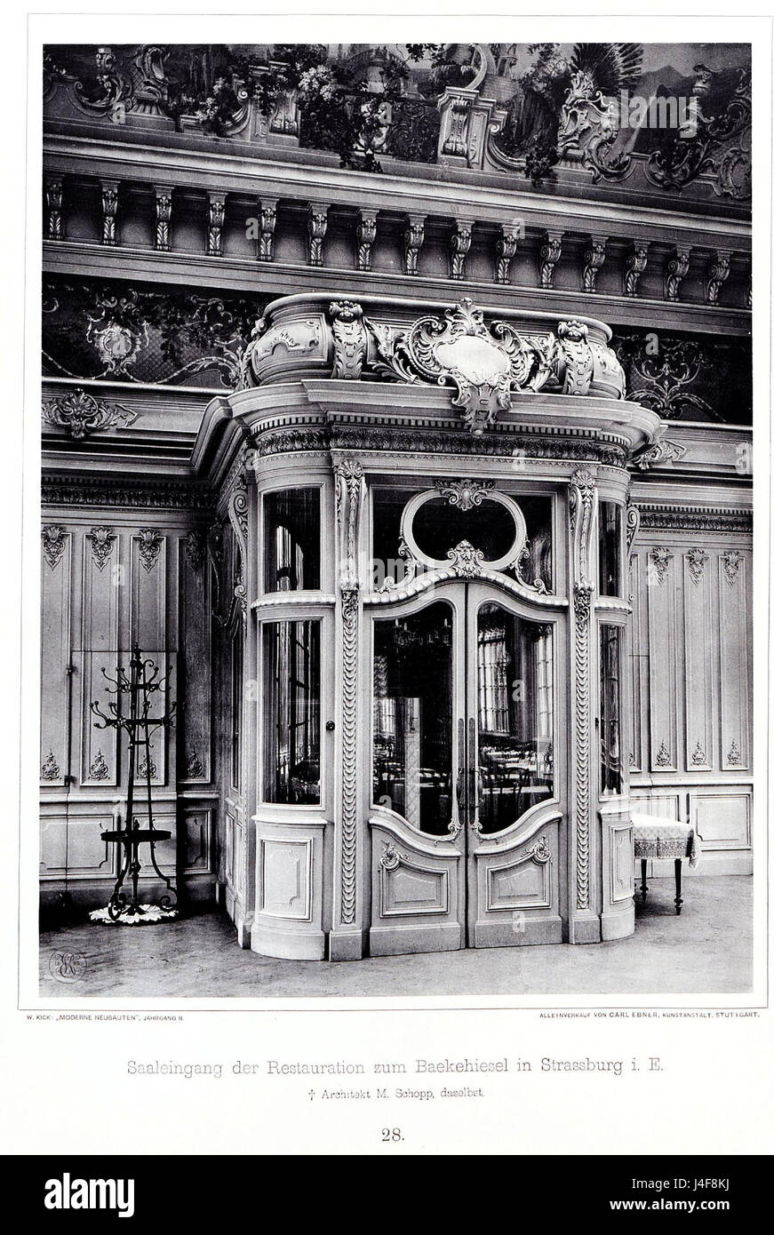 Das Bild zeigt den restaurierten Eingang zum Baekehiesel in Straßburg, entworfen vom Architekten M. Schopp. Die Illustration ist Teil des „Kick Yearbook II“, das architektonische Elemente und Techniken der historischen Bewahrung zeigt. Stockfoto