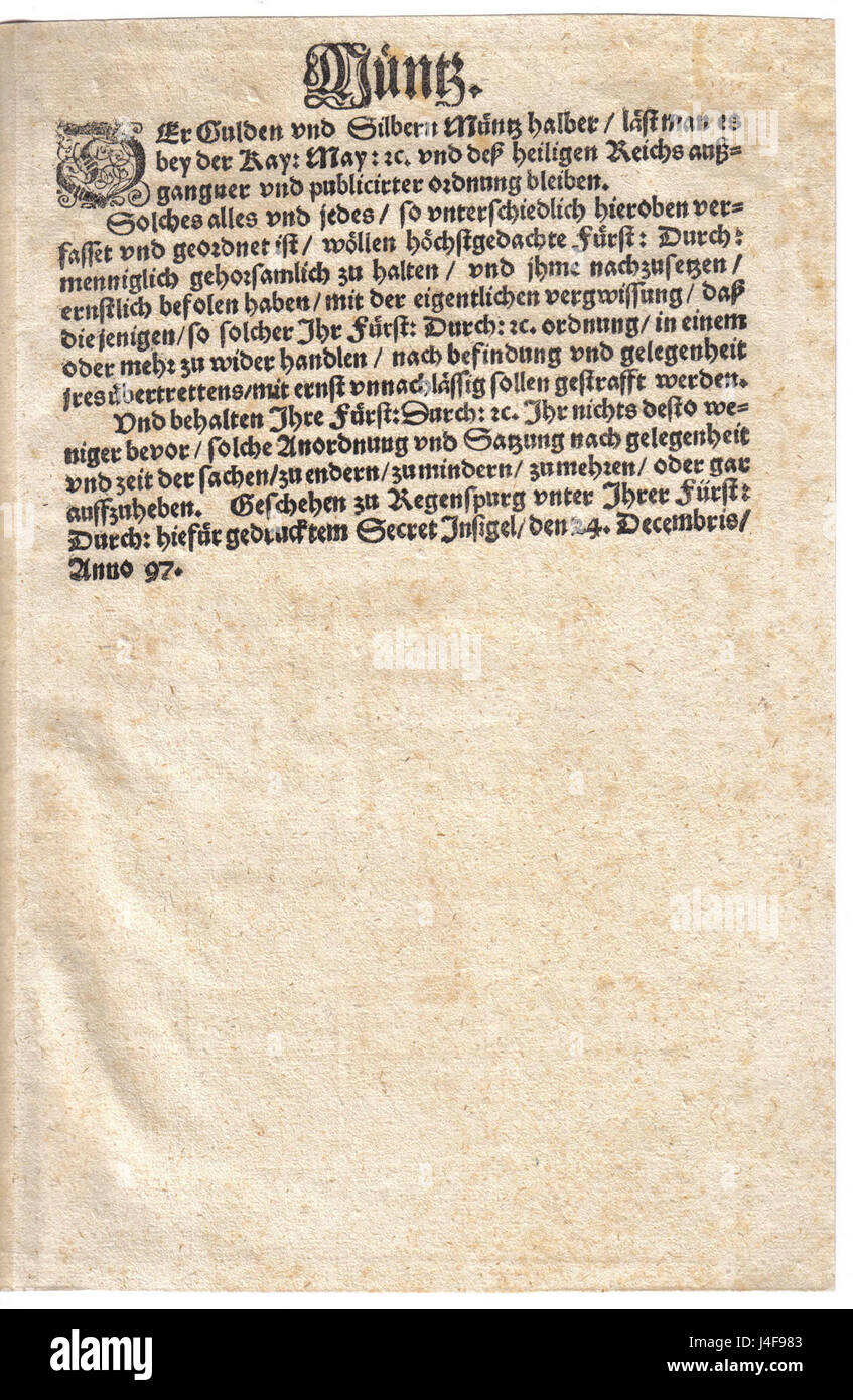 Dieser Titel bezieht sich auf die Satzung Reichstag Regensburg aus dem Jahr 1597, ein Rechtsdokument, das die Regeln und Verfahren für den Reichstagstag in Regensburg, einem wichtigen politischen Ereignis im Heiligen Römischen Reich, beschreibt. Stockfoto