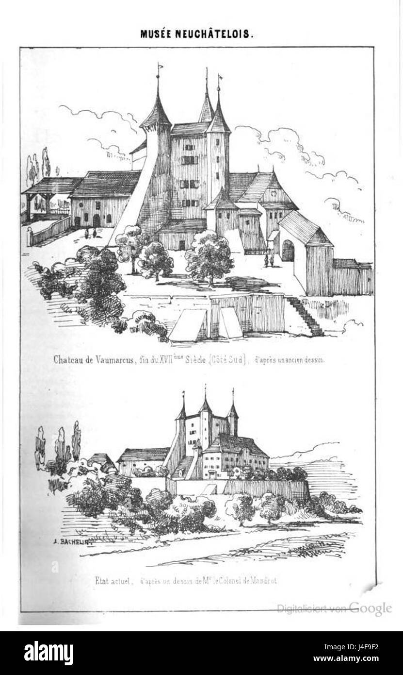 Schloss Vaumarcus, ein Schloss in der Schweiz, stammt aus der Zeit um 1860. Es ist bekannt für seine historische Architektur und seine malerische Lage, die das Erbe der Schweizer Schlösser und ihre Bedeutung in der Geschichte der countryâ während des 19. Jahrhunderts repräsentiert. Stockfoto