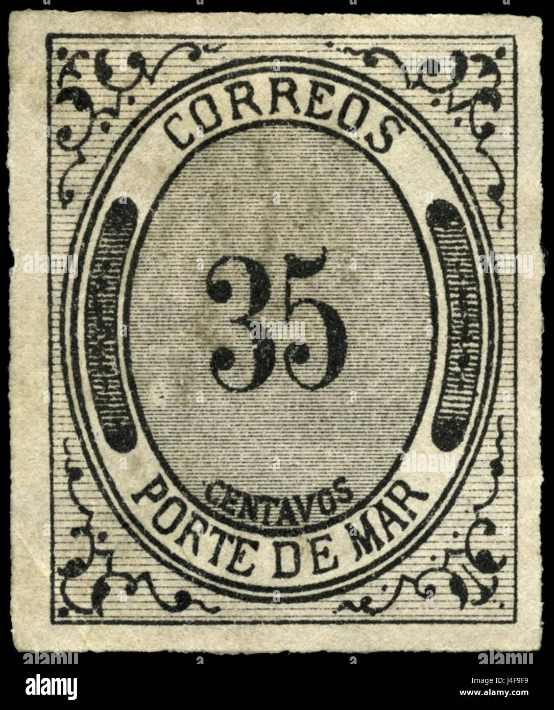 Dies ist eine historische mexikanische Briefmarke aus dem Jahr 1875 im Wert von 35 Centavos. Hier befindet sich die Porte de Mar, ein architektonisches Wahrzeichen. Der Stempel spiegelt die Postgeschichte und künstlerische Entwürfe wider, die in Mexiko während des späten 19. Jahrhunderts verwendet wurden. Stockfoto