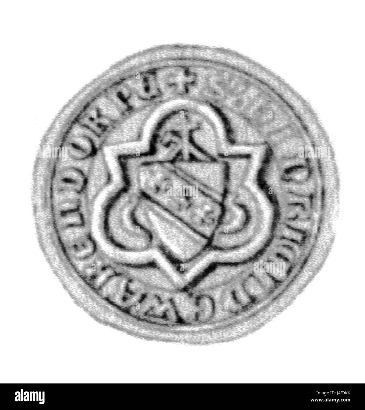 Das Siegel von Hinricus de Warendorpe, wahrscheinlich eine mittelalterliche Figur, stellt sein persönliches oder familiäres Emblem dar, das zu offiziellen Zwecken in Dokumenten verwendet wird. Stockfoto