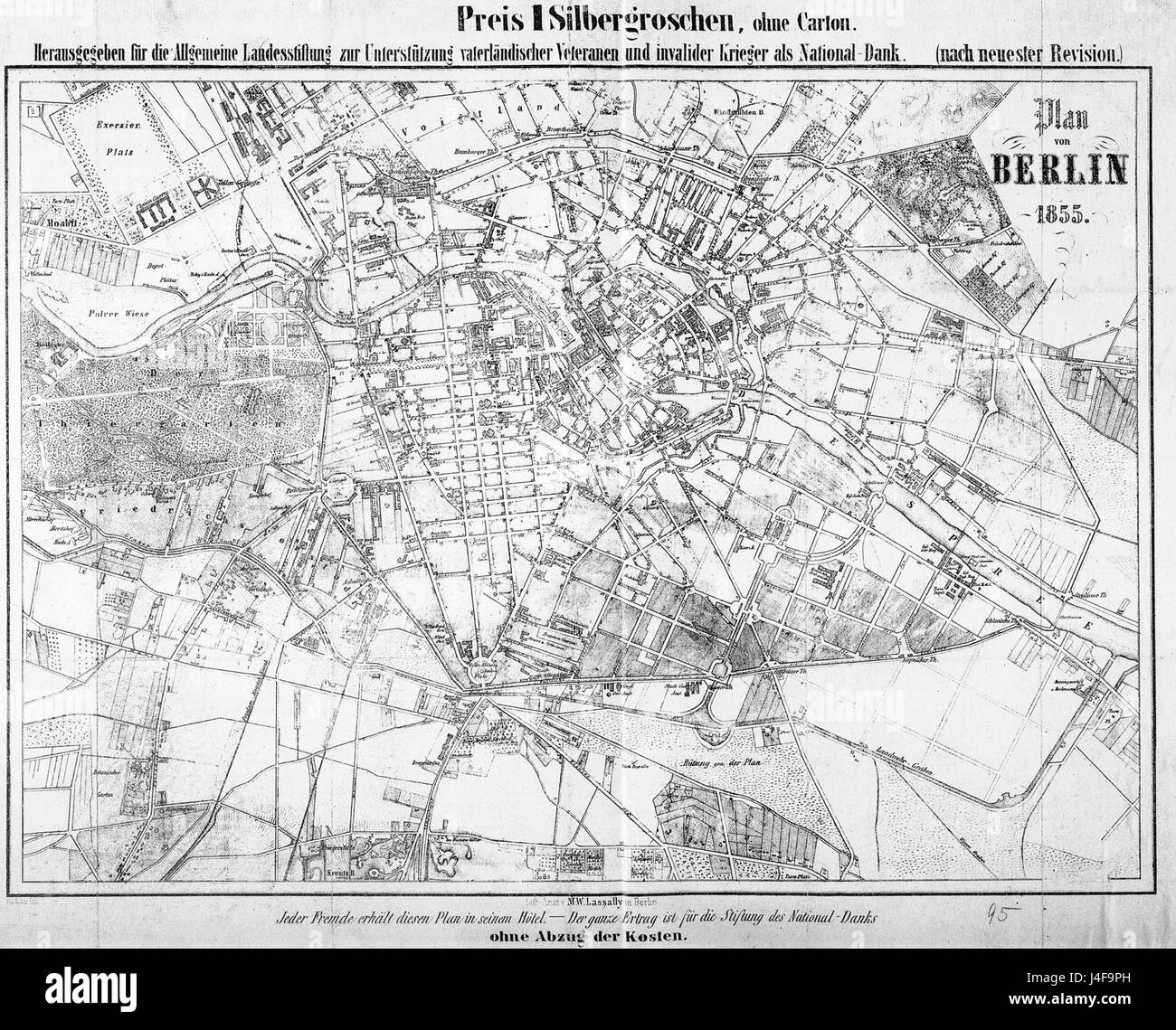 Dies ist eine Karte von Berlin aus dem Jahr 1855, die das Stadtbild Mitte des 19. Jahrhunderts veranschaulicht. Es zeigt die wichtigsten Straßen, Wahrzeichen und Stadtplanung dieser Zeit. Stockfoto
