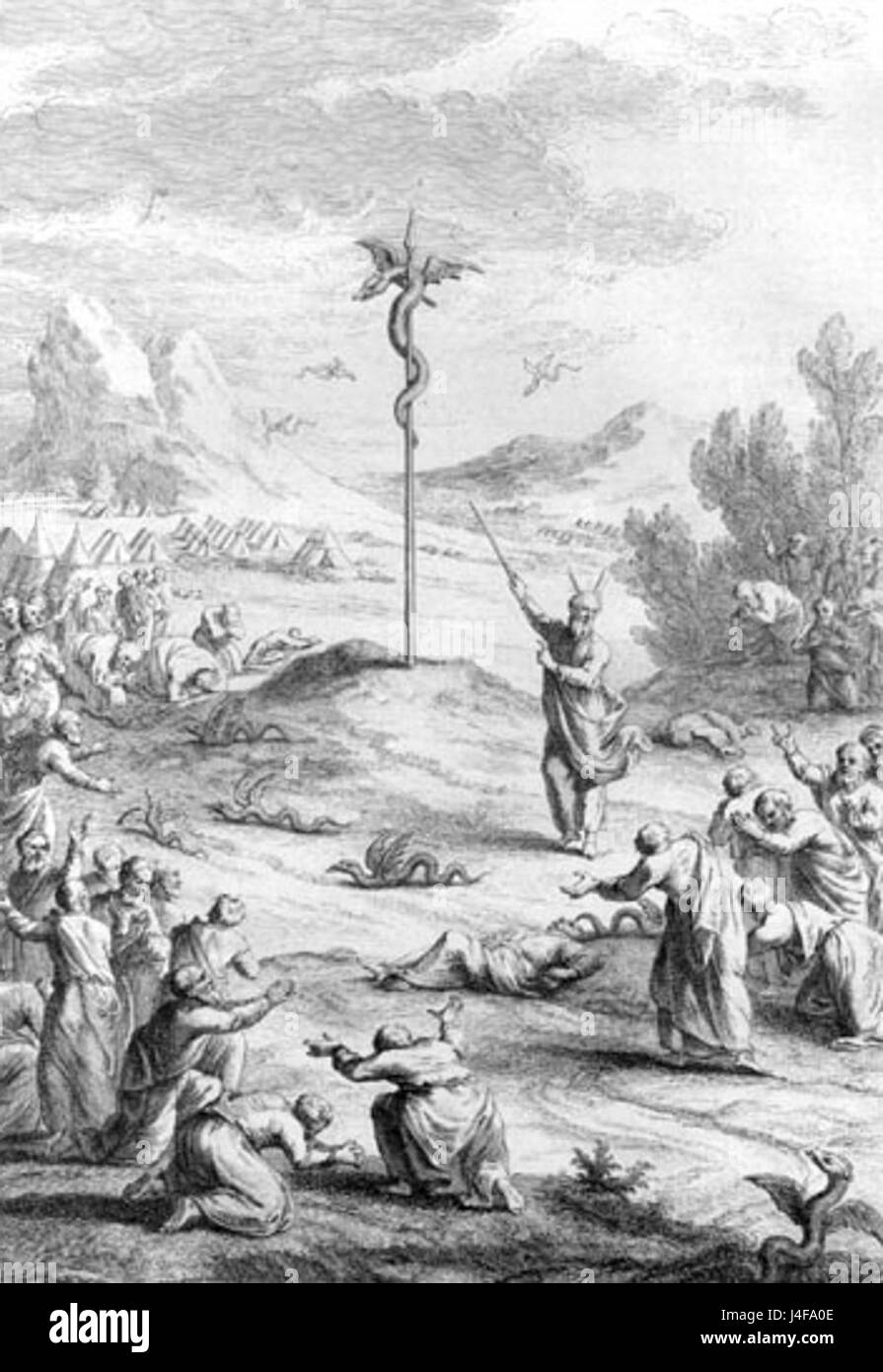 Die Schlange von Messing, wie in der Bibel erwähnt, wurde von Mose erzogen, um die Israeliten zu heilen, die von giftigen Schlangen gebissen wurden. Dieses Ereignis ist ein Schlüsselsymbol in der Religionslehre und Theologie. Stockfoto