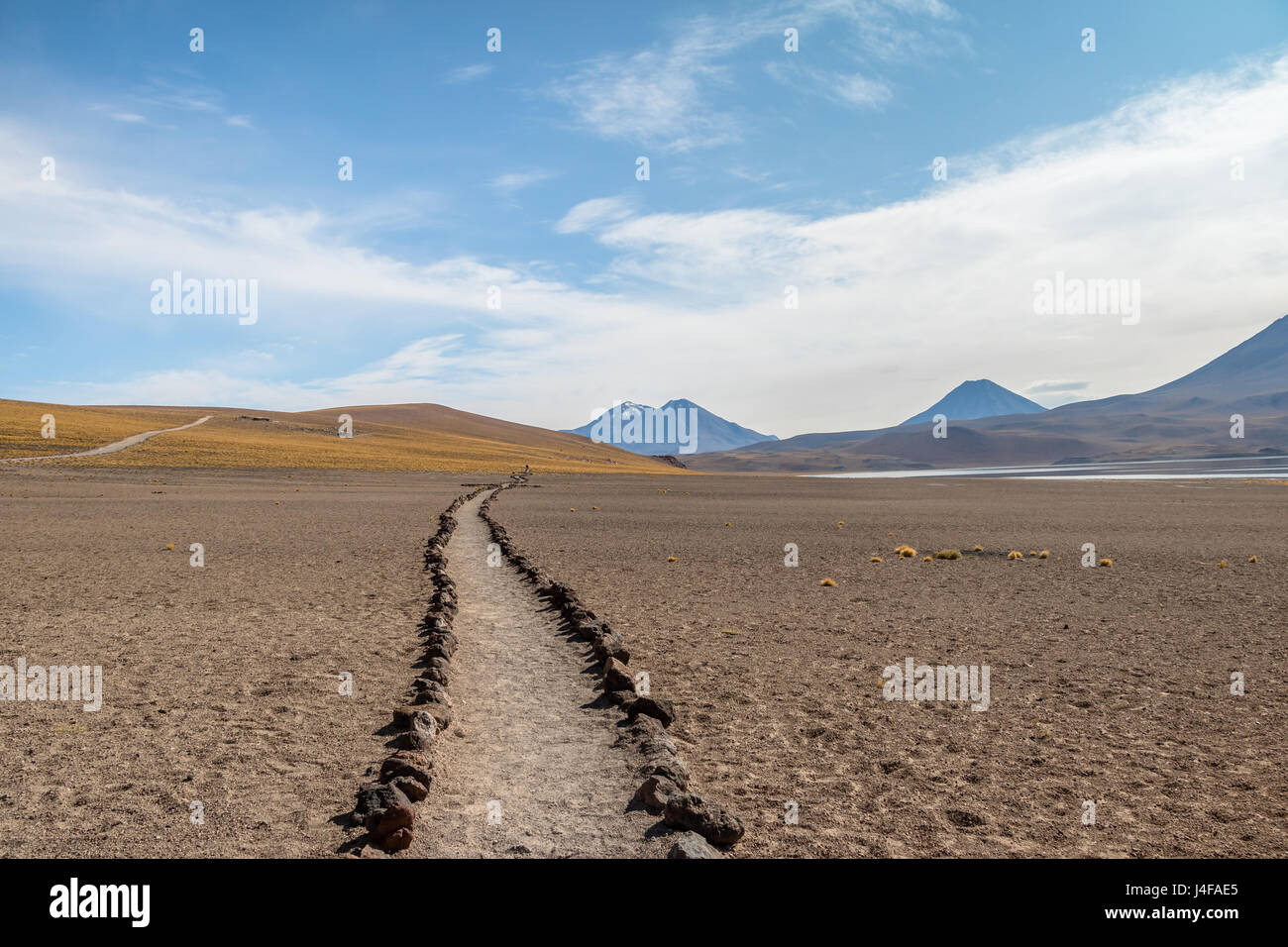 Pfad im Kommandobereich/Miniques und Miscanti Lagune - Atacama-Wüste, Chile Stockfoto