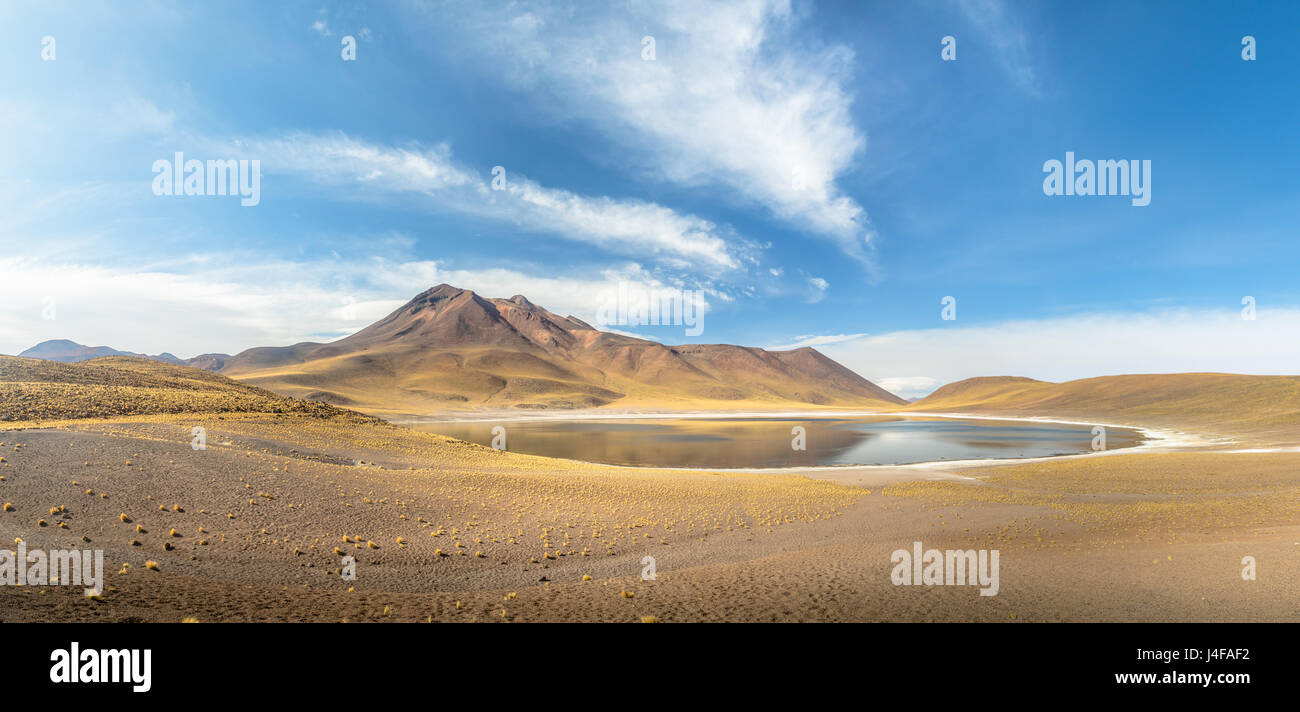 Panoramablick auf Miniques Lagune und Vulkan - Atacama-Wüste, Chile Stockfoto