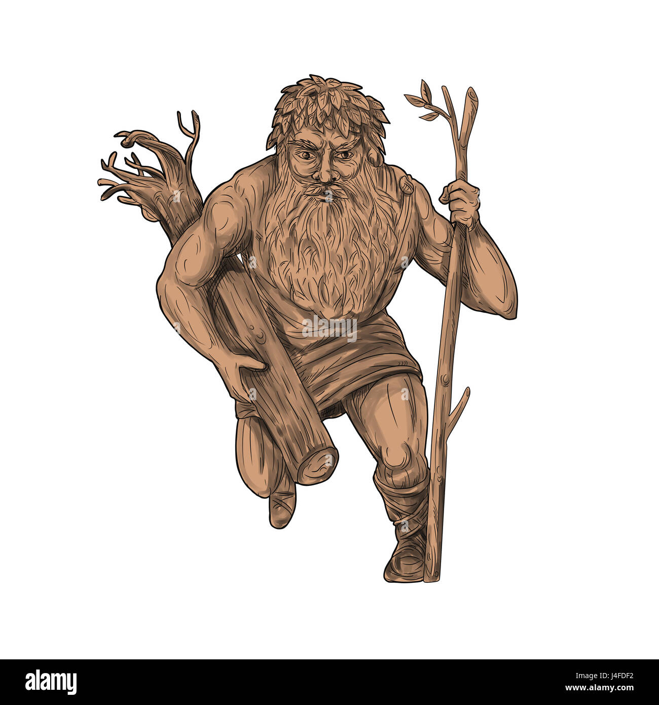 Tattoo Stil Abbildung eines Leshy oder Leshiye, ein Schutzgeist des Waldes in der russischen oder slawische Folklore hält Baumstamm und Personal betrachtet f Stockfoto