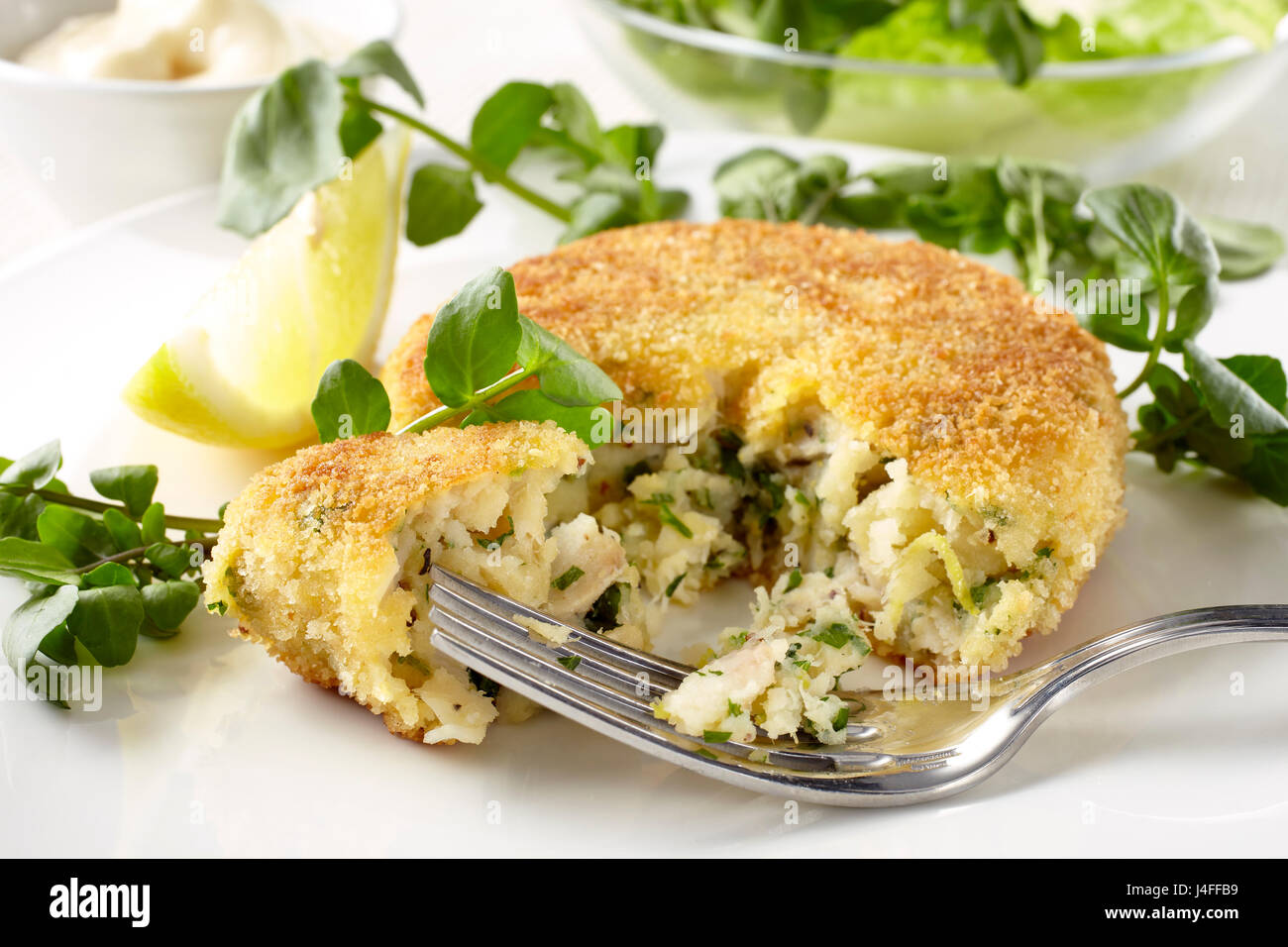 Geräucherter Schellfisch Fischfrikadellen Stockfoto