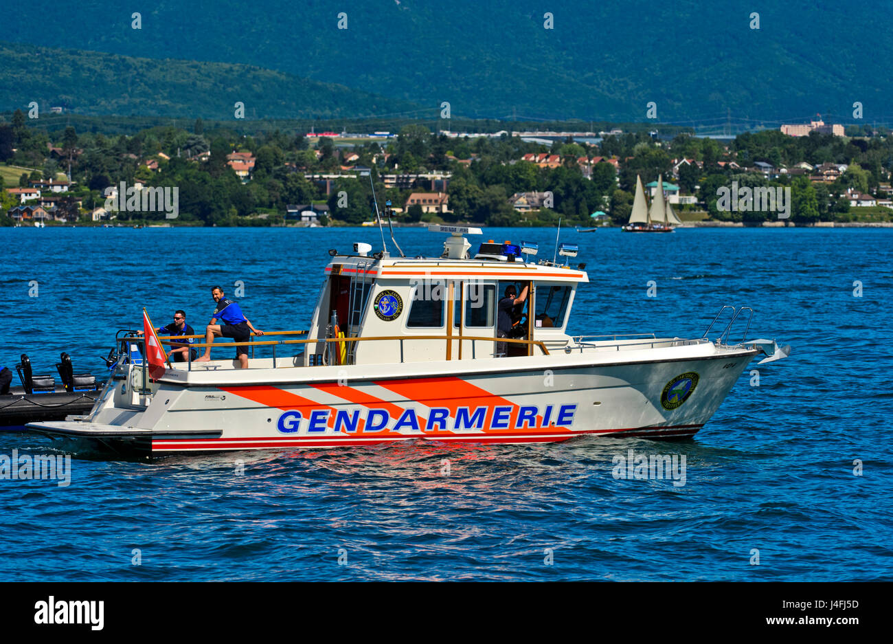 Mit dem Schnellboot JT-702 Nérée der See Brigade der Polizei des Kantons Waadt, am Genfersee, Gland, Schweiz Stockfoto