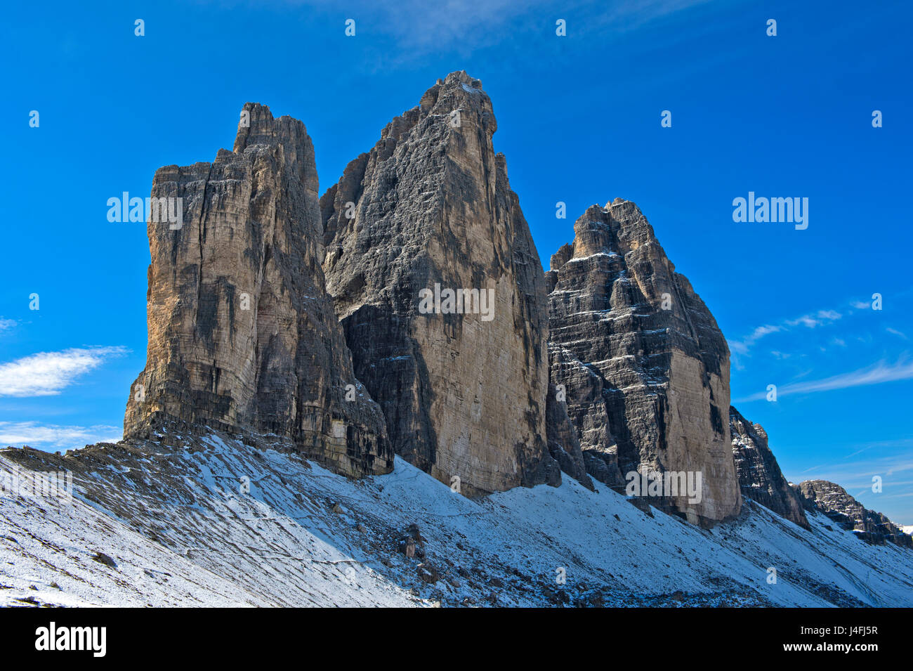 Wintereinbruch auf die drei Zinnen Berge, Tre Cime di Lavaredo, Drei Zinnen, Sextner Dolomiten, Südtirol, Trentino-Alto Adige, Italien Stockfoto
