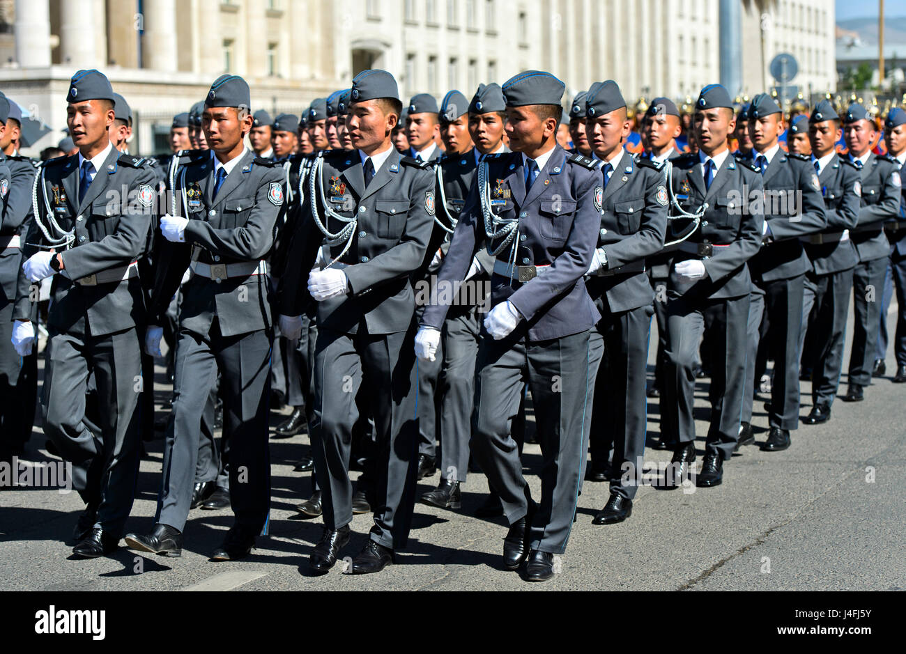 Militäreinheit der mongolischen Streitkräfte bei einer Parade, Ulaanbaatar, Mongolei Stockfoto