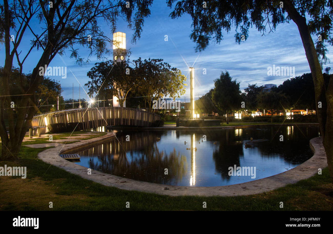Nachtansicht Teich von Palmerston North Square. Stockfoto