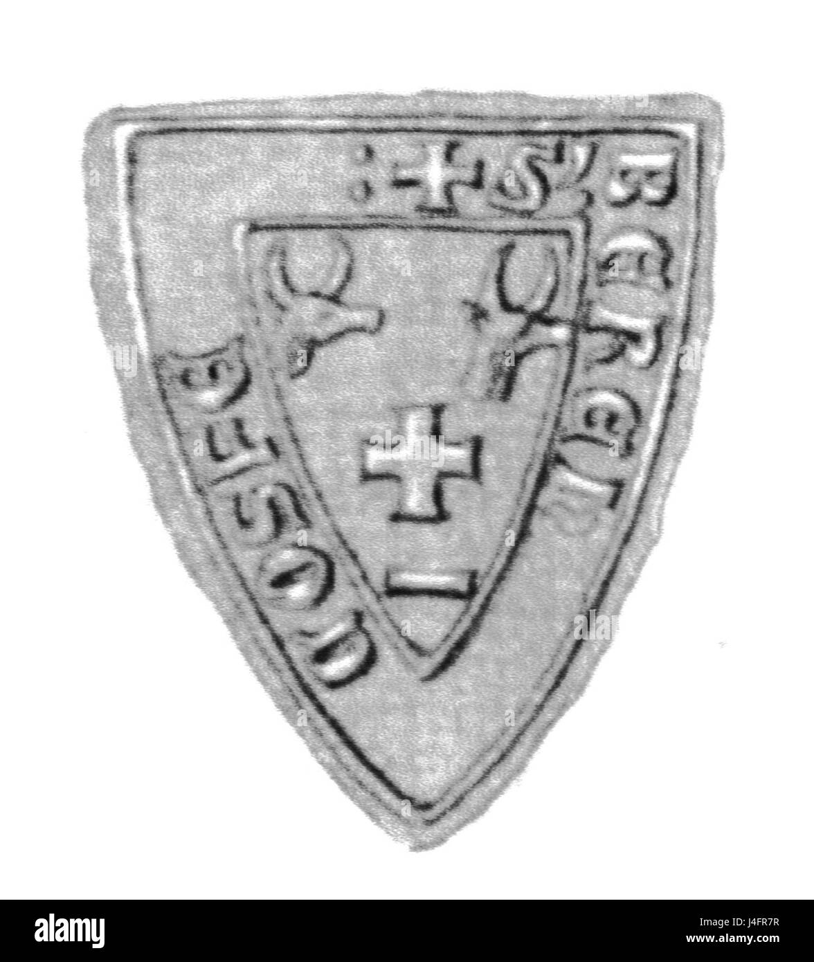 Das Siegel von Bernardus de Cousfeld ist ein historisches Emblem, das mit einer mittelalterlichen Figur assoziiert ist. Solche Verschlüsse wurden für die amtliche Dokumentation verwendet, die Autorität und Echtheit angaben. Stockfoto