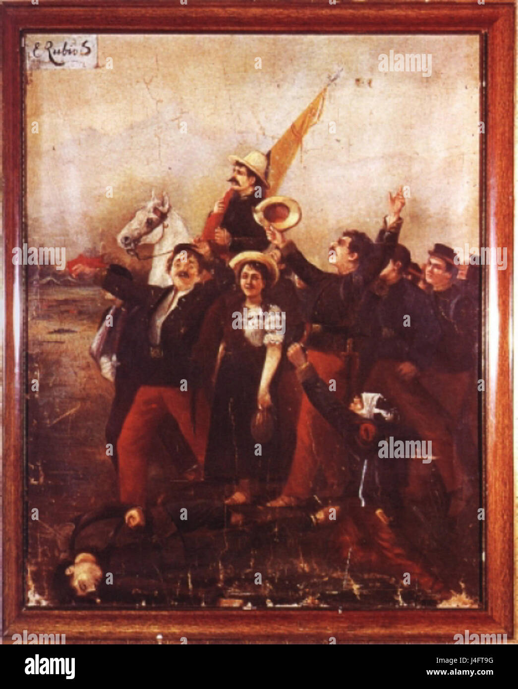 Das Bild zeigt marschierende Soldaten, wahrscheinlich eine historische Militärprozession. Die Szene zeigt die Disziplin, Einheitlichkeit und Organisation der Soldaten während einer bestimmten Periode oder eines bestimmten Ereignisses. Stockfoto