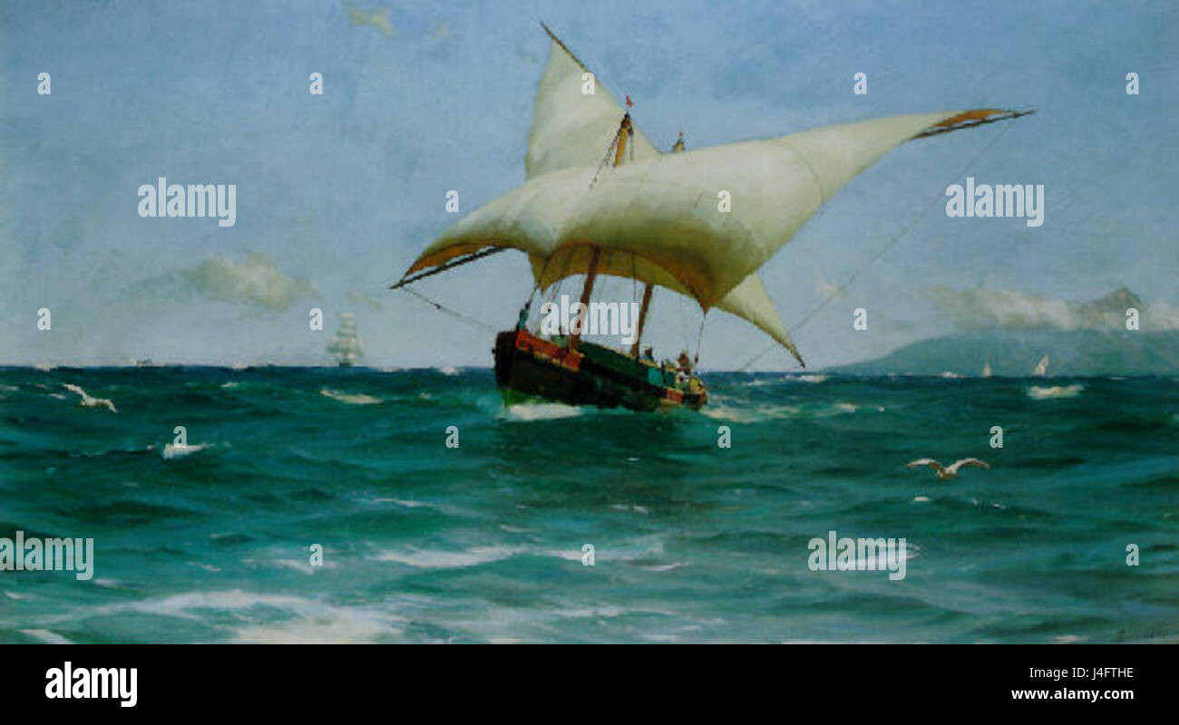 Somerscale Full Sails ist ein maritimes Gemälde, das eine Flotte von Schiffen mit vollständig ausgefahrenen Segeln zeigt und die Pracht und Bewegung der Seereisen während des Zeitalters der Erkundung einfängt. Stockfoto