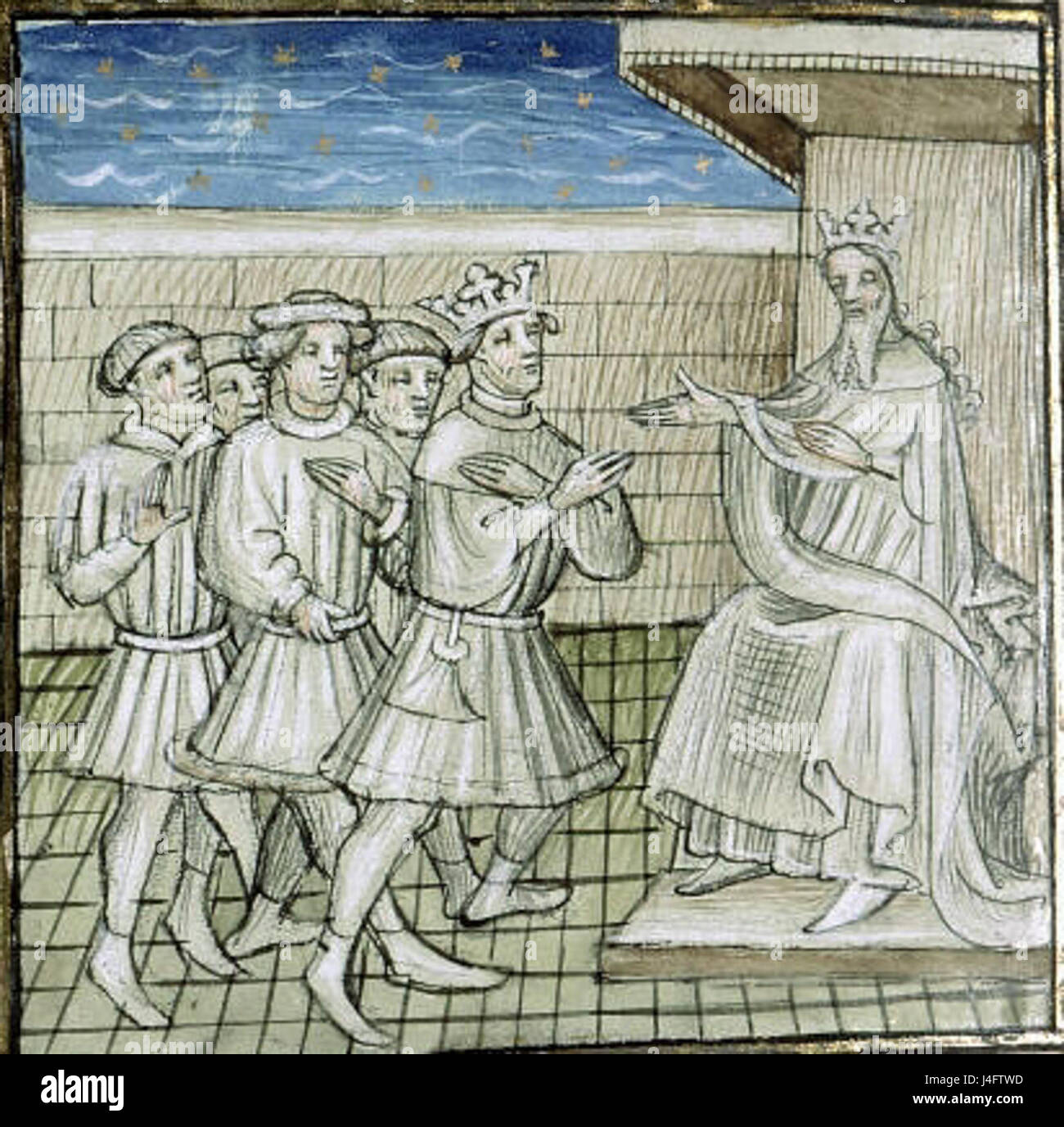 Dies ist wahrscheinlich ein Verweis auf ein Manuskript, MS 1128, insbesondere Seite 335v, möglicherweise aus der *St. Genevieve* Kollektion. Die Verbindung der Lusignan-Familie könnte historische oder aristokratische Relevanz für das Manuskript bedeuten. Stockfoto