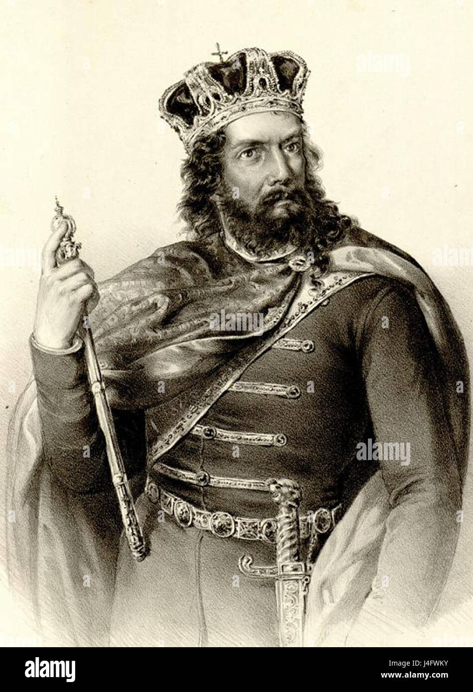 Dieses Bild ist ein Ausschnitt eines größeren historischen Porträts oder Kunstwerks von Stefan Nemanjic, einem mittelalterlichen serbischen Herrscher, und bietet Einblick in sein Aussehen und seine historische Bedeutung. Stockfoto