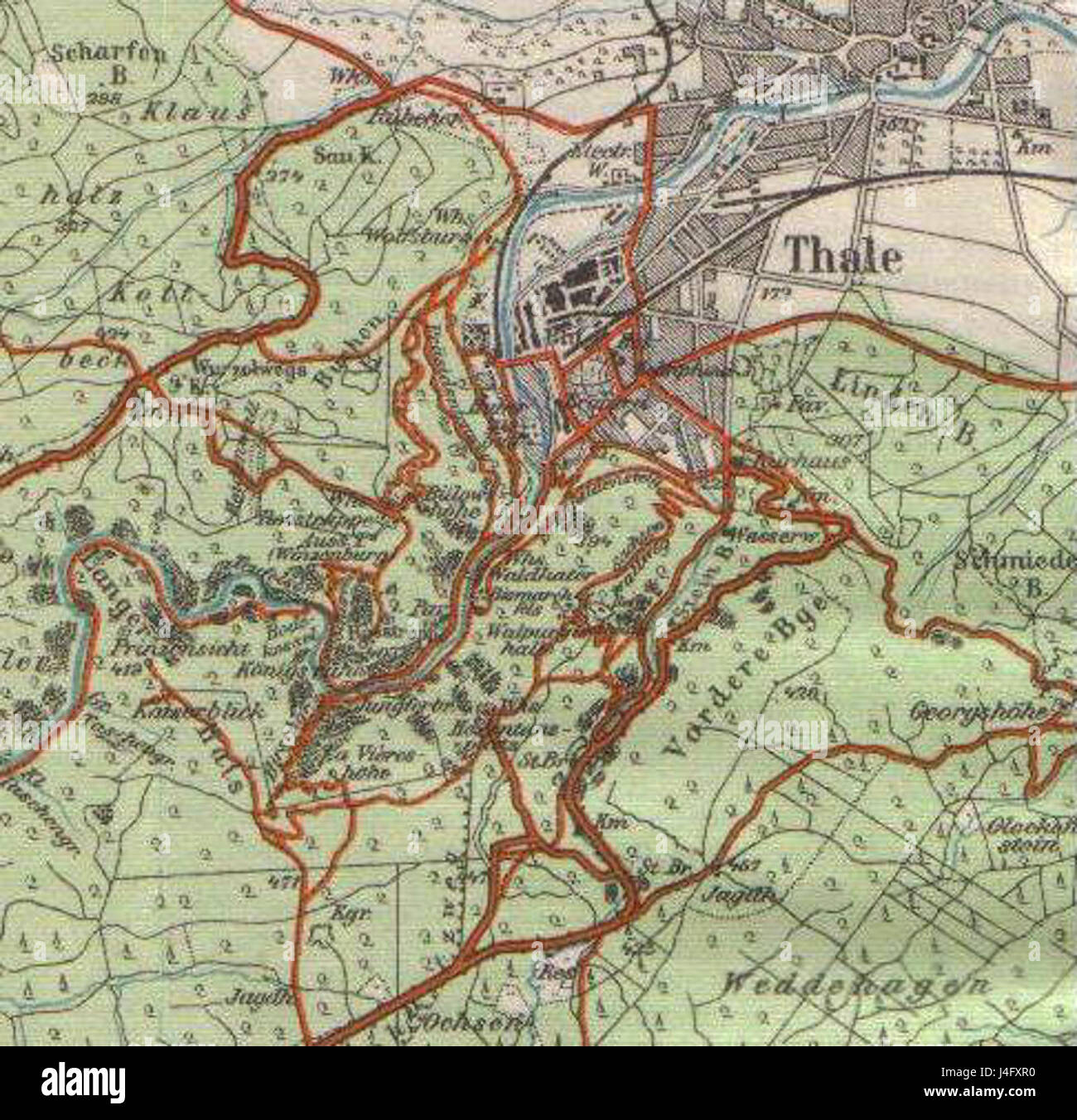 Die Thale Karte ist eine Karte aus dem Jahr 1912, die die Topographie und Geographie der Thale-Region in Deutschland darstellt. Er wurde wahrscheinlich in diesem Zeitraum sowohl für die Navigation als auch für regionale Studien verwendet. Stockfoto