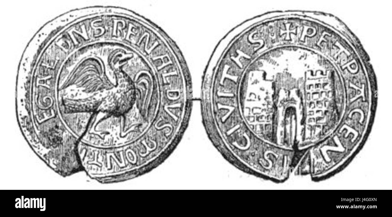 Das Siegel von Reynald von Chatillon, einer prominenten mittelalterlichen Figur, wurde während seiner Zeit zur Authentifizierung von Dokumenten verwendet. Reynald war ein Adliger, der an den Kreuzzügen beteiligt war und für seine Konflikte mit dem Byzantinischen Reich und dem Königreich Jerusalem bekannt war. Stockfoto