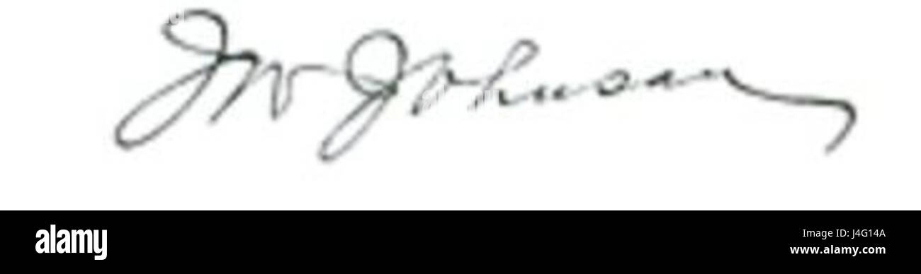 Dieses Bild zeigt die Signatur von James Wood Johnson, einer Schlüsselfigur in der Geschichte von Johnson & Johnson. Seine Unterschrift repräsentiert seine Rolle bei der Gründung eines der einflussreichsten Unternehmen im Gesundheitswesen. Stockfoto
