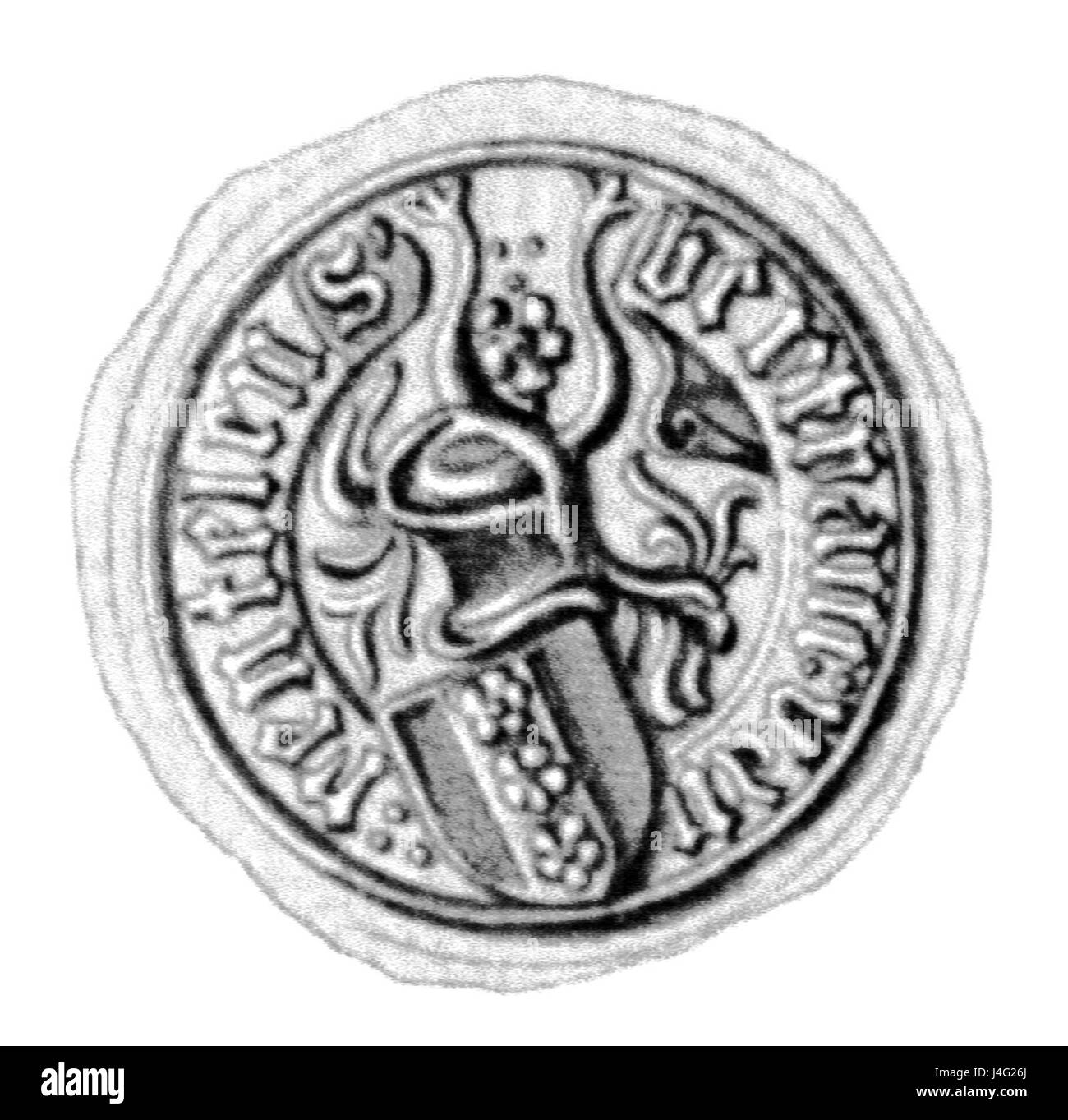 Dies bezieht sich auf einen Siegelabdruck, der möglicherweise auf Bertram von Rentelen, eine historische Figur, bezogen ist. Das Siegel könnte mit einem amtlichen Dokument oder Schriftwechsel verknüpft werden, das eine Zeit der Regierungsführung oder der edlen Tätigkeit widerspiegelt. Stockfoto