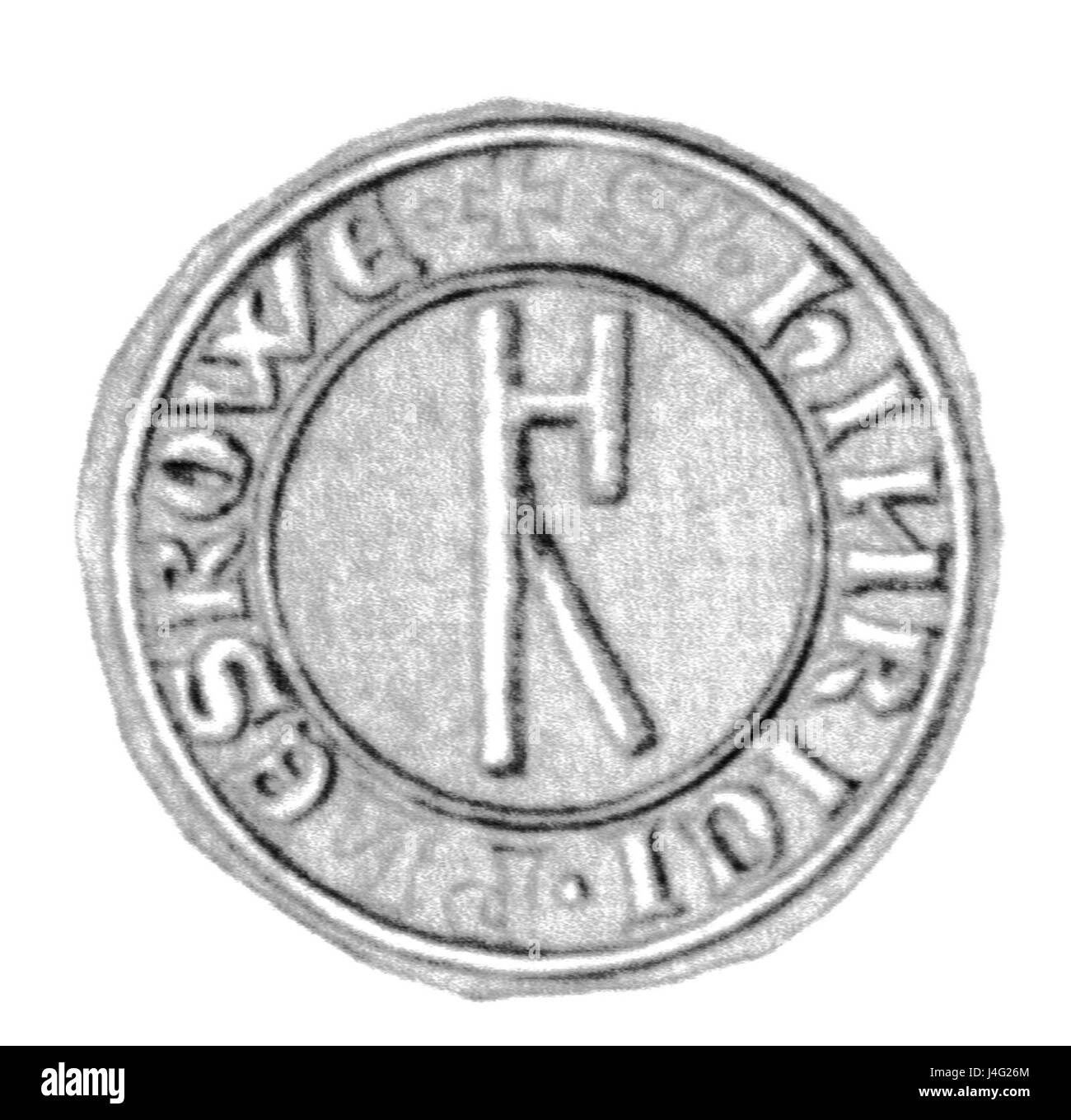 Das Siegel des Hinricus de Pelzcowe ist ein historisches Artefakt, das mit einer mittelalterlichen Figur verbunden ist. Das Siegel ist für seine Rolle bei der Dokumentation mittelalterlicher Rechts- und Verwaltungspraktiken im Mittelalter von Bedeutung. Stockfoto