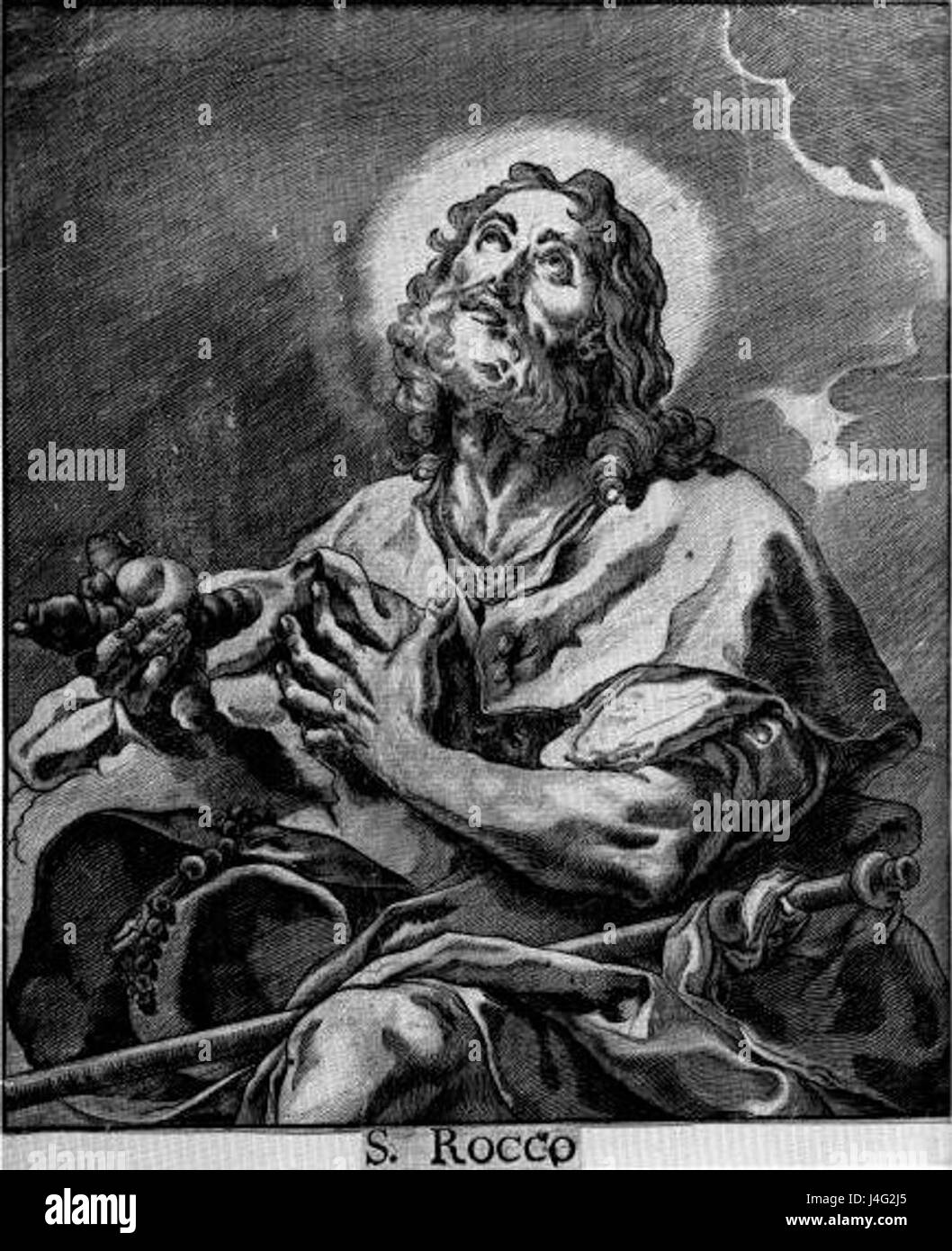 Das Gemälde von St. roch von John Baptist Jackson zeigt den heiligen, der für seine Hingabe und Fürsorge für Pestopfer bekannt ist, in einem Moment des Hochfestes. St. roch wird oft mit einem Hund und einer Wunde dargestellt, Symbole seines Mitgefühls und seiner wundersamen Heilung während der Pest. Stockfoto